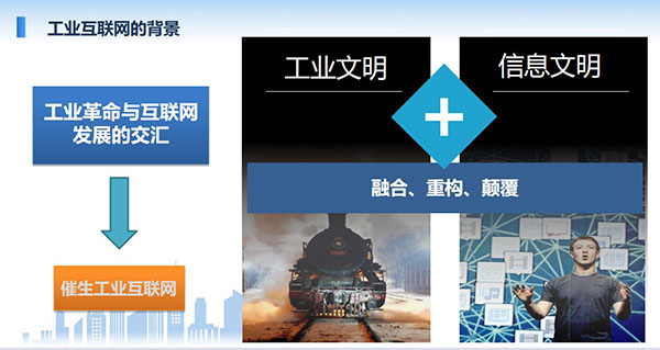工業互聯網的背景：工業革命與互聯網發展的交匯催生出工業互聯網，工業文明加信息文明融合、重構、顛覆。