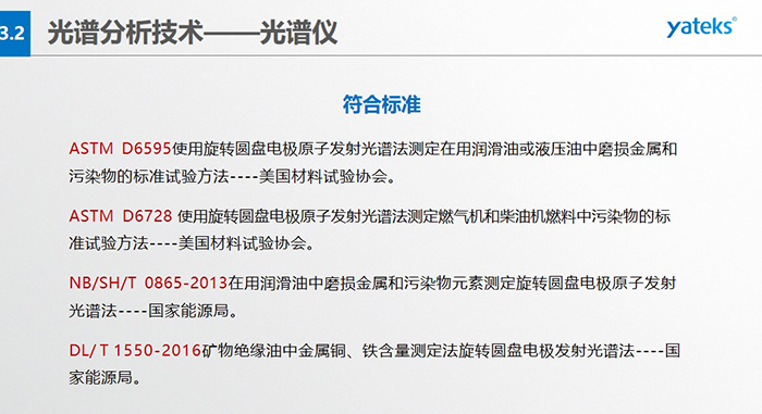 ASTM D6595使用旋轉(zhuǎn)圓盤電極原子發(fā)射光譜法測(cè)定在用潤(rùn)滑油或液壓油中磨損金屬和污染物的標(biāo)準(zhǔn)試驗(yàn)方法----美國(guó)材料試驗(yàn)協(xié)會(huì)。 &nbsp; ASTM D6728 使用旋轉(zhuǎn)圓盤電極原子發(fā)射光譜法測(cè)定燃?xì)鈾C(jī)和柴油機(jī)燃料中污染物的標(biāo)準(zhǔn)試驗(yàn)方法----美國(guó)材料試驗(yàn)協(xié)會(huì)。 &nbsp; NB/SH/T 0865-2013在用潤(rùn)滑油中磨損金屬和污染物元素測(cè)定旋轉(zhuǎn)圓盤電極原子發(fā)射光譜法----國(guó)家能源局。 &nbsp; DL/ T 1550-2016礦物絕緣油中金屬銅、鐵含量測(cè)定法旋轉(zhuǎn)圓盤電極發(fā)射光譜法----國(guó)家能源局。
